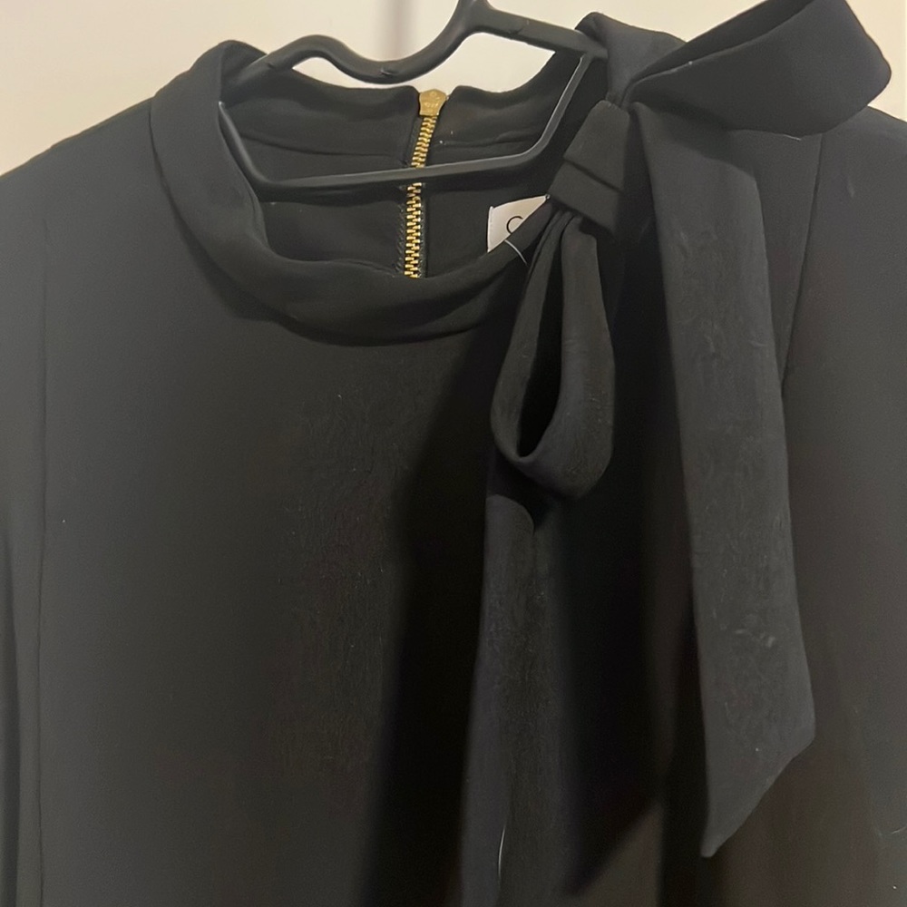 Calvin Klein fitted black dress, business casual bow on left collar knee length